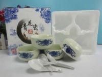 西安陶瓷餐具定制 青花瓷禮品餐具定制，四碗四勺餐具